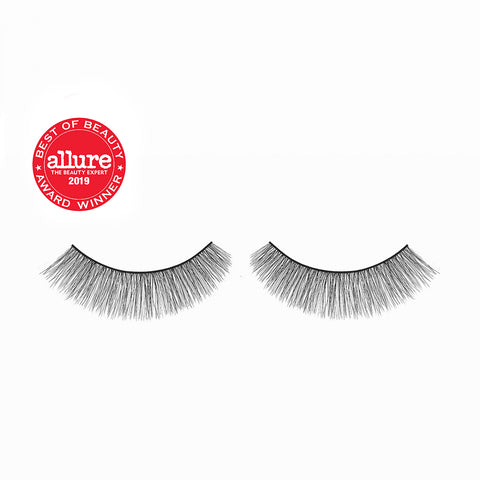 Lithe Lashes Core Collection lash style named 02 Everyday Round, a product image displaying the lash pair on its own, floating on a white background and zoomed in and the Allure Best of Beauty winner seal in the upper left of the image, highlighting how beautiful and natural looking the false eyelashes look.