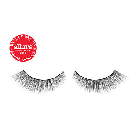 Lithe Lashes Core Collection lash style named 03 Everyday Winged, a product image displaying the lash pair on its own, floating on a white background and zoomed in and the Allure Best of Beauty winner seal in the upper left of the image, highlighting how beautiful and natural looking the false eyelashes look.