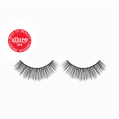 Lithe Lashes Core Collection lash style named 04 Long and Graceful, a product image displaying the lash pair on its own, floating on a white background and zoomed in and the Allure Best of Beauty winner seal in the upper left of the image, highlighting how beautiful and natural looking the false eyelashes look.