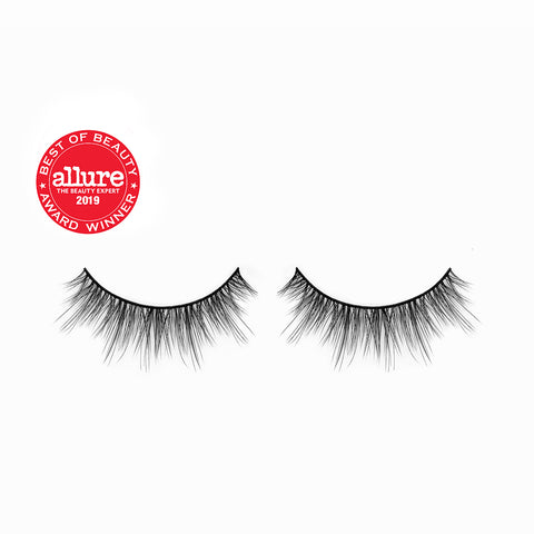 Lithe Lashes Core Collection lash style named 05 Wispy and Willowy, a product image displaying the lash pair on its own, floating on a white background and zoomed in and the Allure Best of Beauty winner seal in the upper left of the image, highlighting how beautiful and natural looking the false eyelashes look.