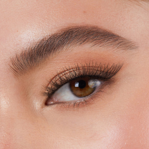 Lithe Lashes Core Collection lash style named 08 Criss Crossed and Winged, a close up eye thumbnail image of the model's eye wearing the false lashes for an up close perspective on how elegant the falsies look on the eye.