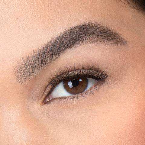 Lithe Lashes, Nude Collection, N2 Minimally Round, a close up eye thumbnail image of the model's eye wearing the false lashes for an up close perspective on how elegant the falsies look on the eye.