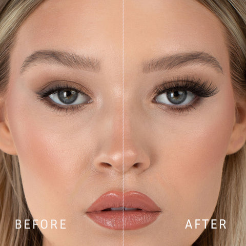 Lithe Lashes Bold Collection Style B1 - Tapered & Winged, a before and after image where the model has full makeup, except that on her right eye she is not wearing a false lash, whereas on the left eye she is wearing a false lash, which shows just how beautiful false eyelashes can complete a makeup look.