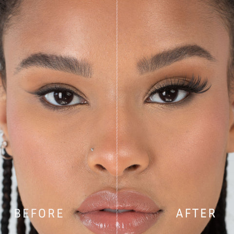 Lithe Lashes Bold Collection Style B2 - Full Flare, a before and after image where the model has full makeup, except that on her right eye she is not wearing a false lash, whereas on the left eye she is wearing a false lash, which shows just how beautiful false eyelashes can complete a makeup look.