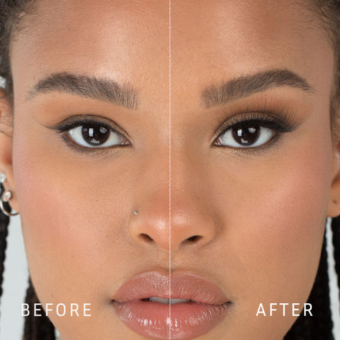 Lithe Lashes Bold Collection Style B5 - Fine & Fluttery, a before and after image where the model has full makeup, except that on her right eye she is not wearing a false lash, whereas on the left eye she is wearing a false lash, which shows just how beautiful false eyelashes can complete a makeup look.