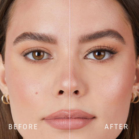 Lithe Lashes Core Collection lash style named 01 Fine and Delicate, a before and after image where the model has full makeup, except that on her right eye she is not wearing a false lash, whereas on the left eye she is wearing a false lash, which shows just how beautiful false eyelashes can complete a makeup look.