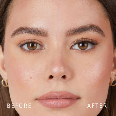 Lithe Lashes Core Collection lash style named 02 Everyday Round, a before and after image where the model has full makeup, except that on her right eye she is not wearing a false lash, whereas on the left eye she is wearing a false lash, which shows just how beautiful false eyelashes can complete a makeup look.