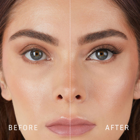 Lithe Lashes Core Collection lash style named 03 Everyday Winged, a before and after image where the model has full makeup, except that on her right eye she is not wearing a false lash, whereas on the left eye she is wearing a false lash, which shows just how beautiful false eyelashes can complete a makeup look.