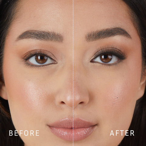 Lithe Lashes Core Collection lash style named 04 Long and Graceful, a before and after image where the model has full makeup, except that on her right eye she is not wearing a false lash, whereas on the left eye she is wearing a false lash, which shows just how beautiful false eyelashes can complete a makeup look.