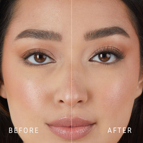 Lithe Lashes Core Collection lash style named 05 Wispy and Willowy, a before and after image where the model has full makeup, except that on her right eye she is not wearing a false lash, whereas on the left eye she is wearing a false lash, which shows just how beautiful false eyelashes can complete a makeup look.