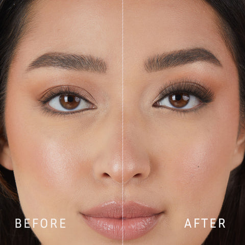 Lithe Lashes Core Collection lash style named 07 Long and 3-Dimensional, a before and after image where the model has full makeup, except that on her right eye she is not wearing a false lash, whereas on the left eye she is wearing a false lash, which shows just how beautiful false eyelashes can complete a makeup look.