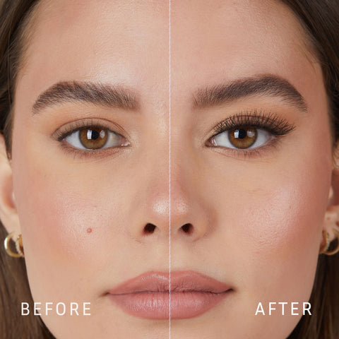 Lithe Lashes Core Collection lash style named 08 Criss Crossed and Winged, a before and after image where the model has full makeup, except that on her right eye she is not wearing a false lash, whereas on the left eye she is wearing a false lash, which shows just how beautiful false eyelashes can complete a makeup look.