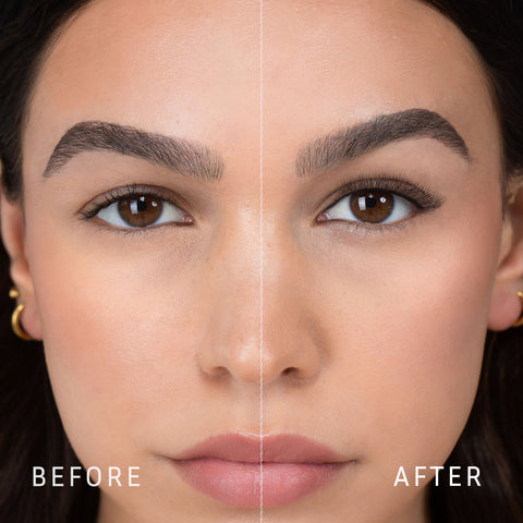 Lithe Lashes, Nude Collection, N1 Minimally Winged, a before and after image where the model has full makeup, except that on her right eye she is not wearing a false lash, whereas on the left eye she is wearing a false lash, which shows just how beautiful false eyelashes can complete a makeup look.