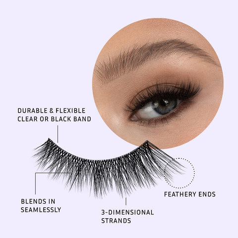 Lithe Lashes Bold Collection Style B1 - Tapered & Winged, a pictogram showing a single lash in the foreground highlighting the callouts of the lash being durable and flexible with clear or black band, that it blends in seamlessly with your natural lashes, with 3D lash strands and having feathery ends. In the background is an image of a model's eye wearing the lash, all on a purple background.