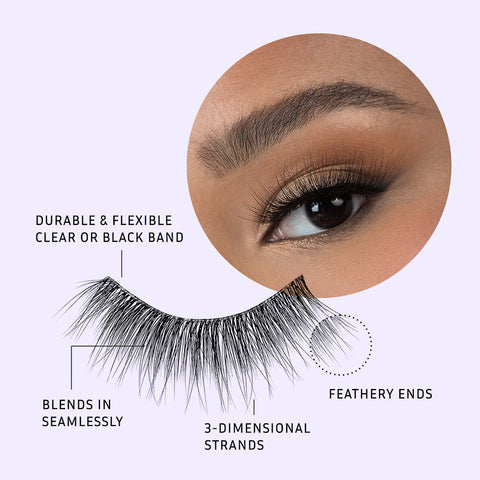 Lithe Lashes Bold Collection style B5 Fine & Fluttery pictogram showing a single lash in the foreground highlighting the callouts of the lash being durable and flexible with clear or black band, that it blends in seamlessly with your natural lashes, with 3D lash strands and having feathery ends. In the background is an image of a model's eye wearing the lash, all on a purple background.