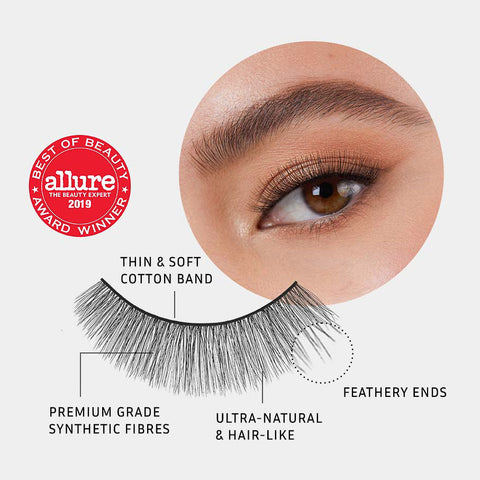 Lithe Lashes Core Collection lash style named 02 Everyday Round, a pictogram showing a single false lash in the foreground highlighting the callouts of it having a thin and soft cotton band, it being made of premium grade synthetic fibres, looking ultra-natural and hair-like with feathery ends, all on a light grey background with an image of a model's eye wearing them in the upper right corner, and an Allure Best of Beauty seal in the upper left of the image.