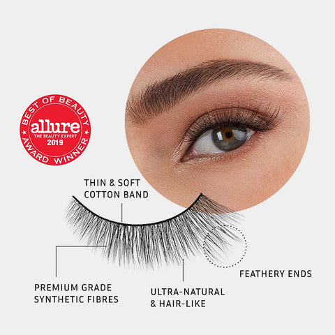 Lithe Lashes Core Collection lash style named 03 Everyday Winged, a pictogram showing a single false lash in the foreground highlighting the callouts of it having a thin and soft cotton band, it being made of premium grade synthetic fibres, looking ultra-natural and hair-like with feathery ends, all on a light grey background with an image of a model's eye wearing them in the upper right corner, and an Allure Best of Beauty seal in the upper left of the image.