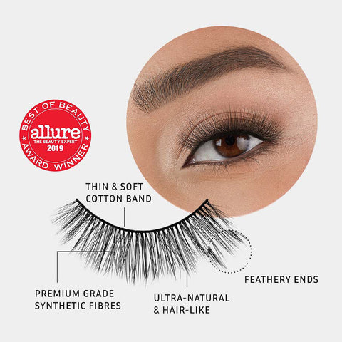 Lithe Lashes Core Collection lash style named 04 Long and Graceful, a pictogram showing a single false lash in the foreground highlighting the callouts of it having a thin and soft cotton band, it being made of premium grade synthetic fibres, looking ultra-natural and hair-like with feathery ends, all on a light grey background with an image of a model's eye wearing them in the upper right corner, and an Allure Best of Beauty seal in the upper left of the image.
