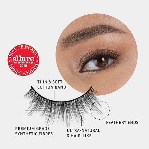 Lithe Lashes Core Collection lash style named 05 Wispy and Willowy, a pictogram showing a single false lash in the foreground highlighting the callouts of it having a thin and soft cotton band, it being made of premium grade synthetic fibres, looking ultra-natural and hair-like with feathery ends, all on a light grey background with an image of a model's eye wearing them in the upper right corner, and an Allure Best of Beauty seal in the upper left of the image.