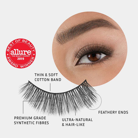 Lithe Lashes Core Collection lash style named 07 Long and 3-Dimensional, a pictogram showing a single false lash in the foreground highlighting the callouts of it having a thin and soft cotton band, it being made of premium grade synthetic fibres, looking ultra-natural and hair-like with feathery ends, all on a light grey background with an image of a model's eye wearing them in the upper right corner, and an Allure Best of Beauty seal in the upper left of the image.