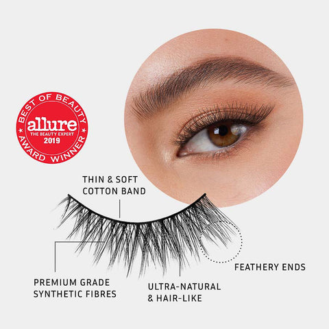 Lithe Lashes Core Collection lash style named 08 Criss Crossed and Winged, a pictogram showing a single false lash in the foreground highlighting the callouts of it having a thin and soft cotton band, it being made of premium grade synthetic fibres, looking ultra-natural and hair-like with feathery ends, all on a light grey background with an image of a model's eye wearing them in the upper right corner, and an Allure Best of Beauty seal in the upper left of the image.