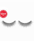 Lithe Lashes Core Collection lash style named 01 Fine and Delicate,  a product image displaying the lash pair on its own, floating on a white background and zoomed in and the Allure Best of Beauty winner seal in the upper left of the image, highlighting how beautiful and natural looking the false eyelashes look. 