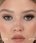 Lithe Lashes Bold Collection Style B3 - Kabuki, a before and after image where the model has full makeup, except that on her right eye she is not wearing a false lash, whereas on the left eye she is wearing a false lash, which shows just how beautiful false eyelashes can complete a makeup look.