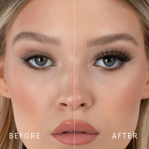 Lithe Lashes Bold Collection Style B3 - Kabuki, a before and after image where the model has full makeup, except that on her right eye she is not wearing a false lash, whereas on the left eye she is wearing a false lash, which shows just how beautiful false eyelashes can complete a makeup look.
