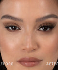 Lithe Lashes Bold Collection Style B4 - Wispy & Bold, a before and after image where the model has full makeup, except that on her right eye she is not wearing a false lash, whereas on the left eye she is wearing a false lash, which shows just how beautiful false eyelashes can complete a makeup look.
