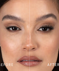 Lithe Lashes Bold Collection Style B6 - Prim & Pleated, a before and after image where the model has full makeup, except that on her right eye she is not wearing a false lash, whereas on the left eye she is wearing a false lash, which shows just how beautiful false eyelashes can complete a makeup look.