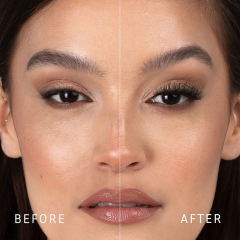 Lithe Lashes Bold Collection Style B6 - Prim & Pleated, a before and after image where the model has full makeup, except that on her right eye she is not wearing a false lash, whereas on the left eye she is wearing a false lash, which shows just how beautiful false eyelashes can complete a makeup look.