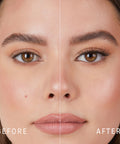 Lithe Lashes Core Collection lash style named 01 Fine and Delicate,  a before and after image where the model has full makeup, except that on her right eye she is not wearing a false lash, whereas on the left eye she is wearing a false lash, which shows just how beautiful false eyelashes can complete a makeup look.