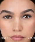 Lithe Lashes, Nude Collection, N2 Minimally Round, a before and after image where the model has full makeup, except that on her right eye she is not wearing a false lash, whereas on the left eye she is wearing a false lash, which shows just how beautiful false eyelashes can complete a makeup look.