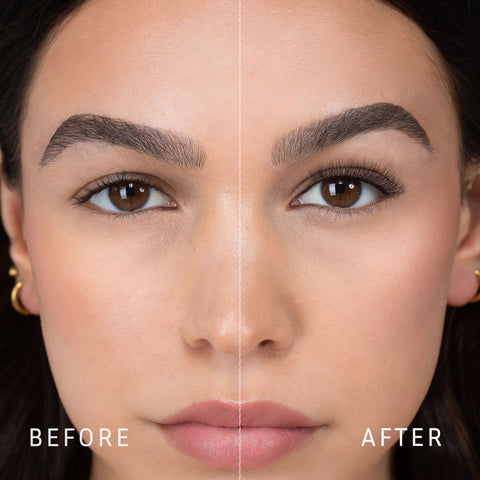 Lithe Lashes, Nude Collection, N2 Minimally Round, a before and after image where the model has full makeup, except that on her right eye she is not wearing a false lash, whereas on the left eye she is wearing a false lash, which shows just how beautiful false eyelashes can complete a makeup look.