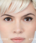 Lithe Lashes, Nude Collection, N4 - Semi Flared,   a before and after image where the model has full makeup, except that on her right eye she is not wearing a false lash, whereas on the left eye she is wearing a false lash, which shows just how beautiful false eyelashes can complete a makeup look.