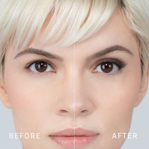 Lithe Lashes, Nude Collection, N4 - Semi Flared,   a before and after image where the model has full makeup, except that on her right eye she is not wearing a false lash, whereas on the left eye she is wearing a false lash, which shows just how beautiful false eyelashes can complete a makeup look.