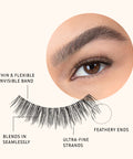 Lithe Lashes Nude Collection style N2 Minimally Round, a pictogram showing a single lash in the foreground highlighting the callouts of the lash having a thin and flexible invisible band, one that blends in seamlessly with your natural lashes, possessing ultra-fine lash strands and feathery ends. In the background is an image of a model's eye wearing the lash, all on a beige background.
