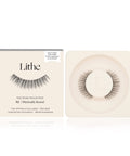 Lithe Lashes Nude Collection Style N2 Minimally Round, product image with a single pair of false eyelashes resting in their cream coloured biodegradable plastic tray on right side of the image, and on the left side of the image is the cream coloured paper sleeve showing a high definition image of a single lash on the front, with the logo in the centre and in the upper right the callouts of easy to apply and reusable.