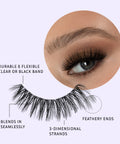 Lithe Lashes Bold Collection style B3 Kabuki pictogram showing a single lash in the foreground highlighting the callouts of the lash being durable and flexible with clear or black band, that it blends in seamlessly with your natural lashes, with 3D lash strands and having feathery ends. In the background is an image of a model's eye wearing the lash, all on a purple background.