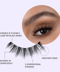 Lithe Lashes Bold Collection style B6 Prim & Pleated pictogram showing a single lash in the foreground highlighting the callouts of the lash being durable and flexible with clear or black band, that it blends in seamlessly with your natural lashes, with 3D lash strands and having feathery ends. In the background is an image of a model's eye wearing the lash, all on a purple background.