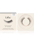 Lithe Lashes Nude Collection Style N4 Semi Flared, product image with a single pair of false eyelashes resting in their cream coloured biodegradable plastic tray on right side of the image, and on the left side of the image is the cream coloured paper sleeve showing a high definition image of a single lash on the front, with the logo in the centre and in the upper right the callouts of easy to apply and reusable.