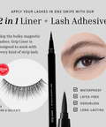 Lithe Lashes false lashes accessories Grip Liner, a 2-in-1 eyeliner lash adhesive. The image of the opened matte black bottle is highlighted with the ultra fine tip in a magnified image next to the life sized image of the bottle resting on a light grey background. The callouts of the accessory are listed in the bottom right, that being waterproof, latex-free, odourless, and long-lasting.